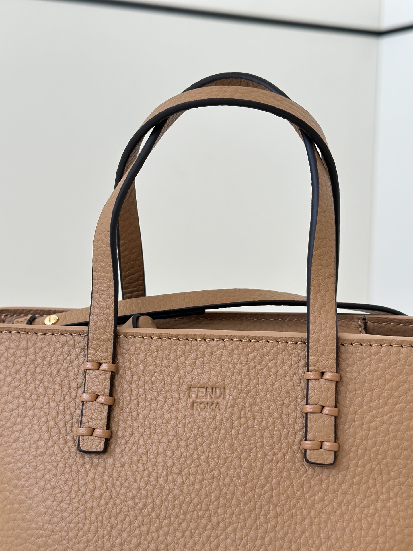 Fendi Mini Roll Selleria Shoulder Bag with Hand-sewn Topstitches Brown